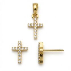 925 Sterling Silver 14K Gold Plated CZ Cross Stud Earrings