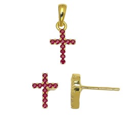 925 Sterling Silver 14K Gold Plated Red CZ Cross Stud Earrings