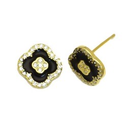925 Sterling Silver 14K Gold Plated CZ Black Enamel Flower Stud Earrings