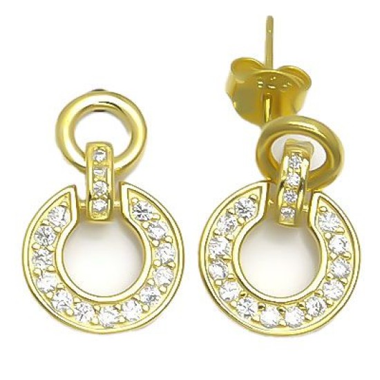 925 Sterling Silver 14K Gold Plated CZ Horseshoe Drop Earrings