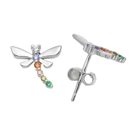 925 Sterling Silver Rainbow CZ Dragonfly Stud Earrings