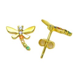 925 Sterling Silver 14K Gold Plated Rainbow CZ Dragonfly Stud Earrings