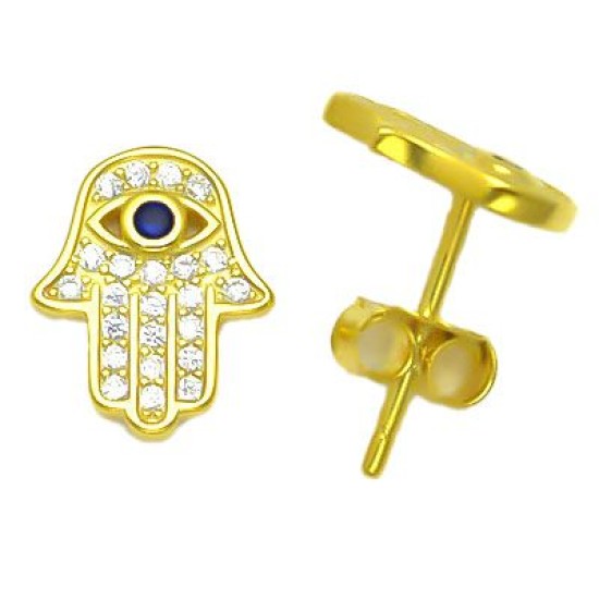 925 Sterling Silver 14K Gold Plated CZ Hamsa Stud Earrings