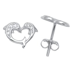 925 Sterling Silver CZ Dolphin Heart Stud Earrings