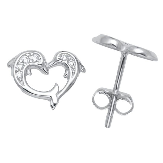 925 Sterling Silver CZ Dolphin Heart Stud Earrings