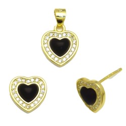 925 Sterling Silver 14K Gold Plated CZ Black Enamel Heart Stud Earrings