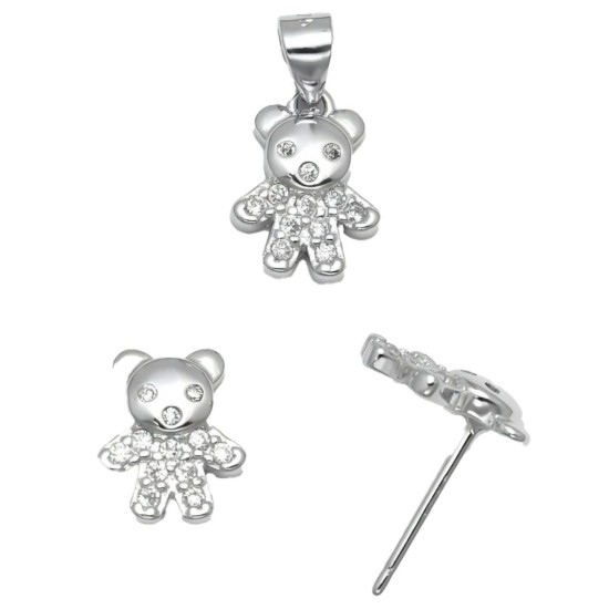 925 Sterling Silver CZ Teddy Bear Stud Earrings
