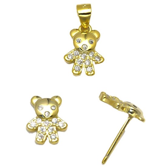 925 Sterling Silver 14K Gold Plated CZ Teddy Bear Stud Earrings