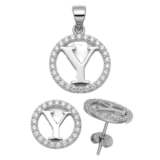 925 Sterling Silver CZ Letter Y Pendant Set