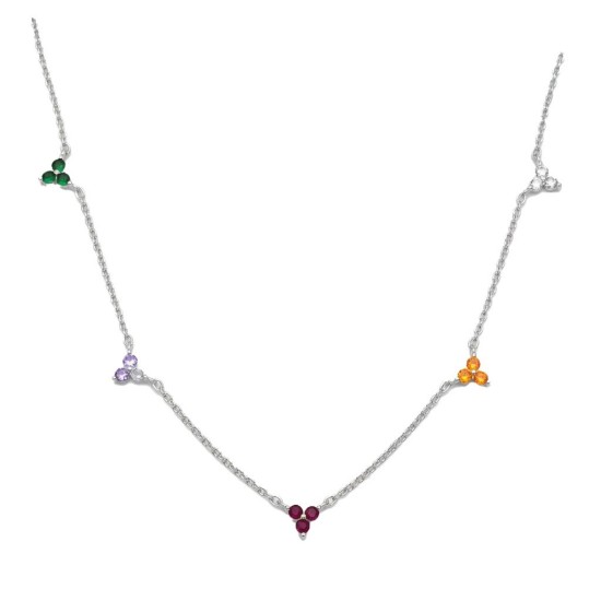 925 Sterling Silver Multi Color Clover Station Necklace
