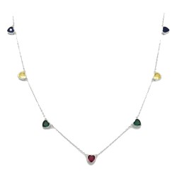 925 Sterling Silver Multi Color Heart Station Necklace