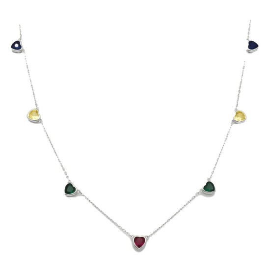 925 Sterling Silver Multi Color Heart Station Necklace