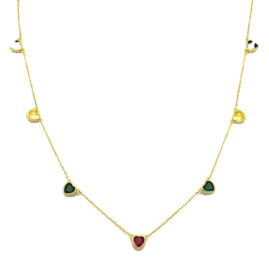 925 Sterling Silver 14K Gold Plated Multi Color Heart Station Necklace