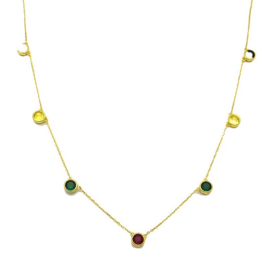 925 Sterling Silver 14K Gold Plated Multi Color CZ Station Necklace