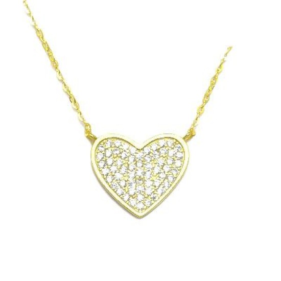 925 Sterling Silver 14K Gold Plated CZ Pave Heart Necklace