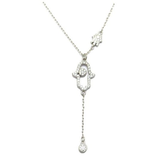 925 Sterling Silver CZ Hamsa Lariat Necklace