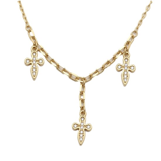 925 Sterling Silver 14K Gold Plated CZ Cross Charm Necklace