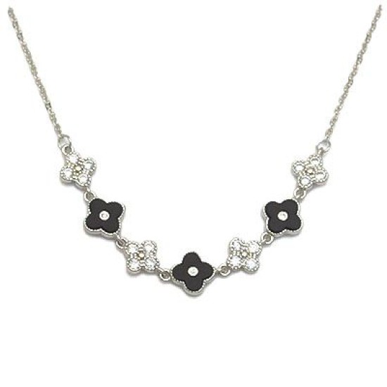 925 Sterling Silver CZ Black Enamel Flower Necklace