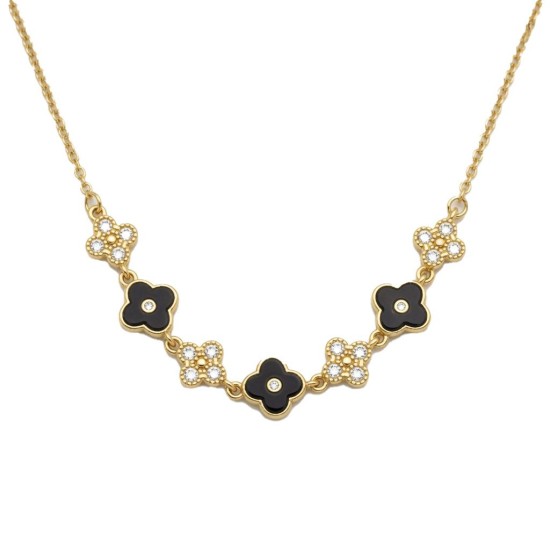 925 Sterling Silver 14K Gold Plated CZ Black Enamel Flower Necklace