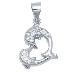 925 Sterling Silver CZ Dolphin Heart Pendant