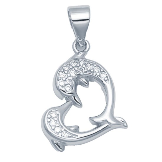 925 Sterling Silver CZ Dolphin Heart Pendant