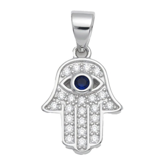 925 Sterling Silver CZ Hamsa Evil Eye Pendant