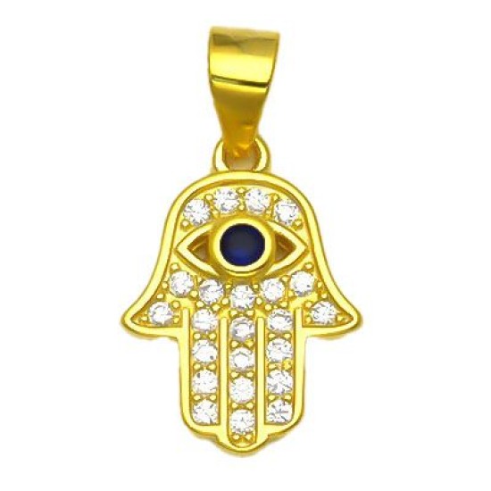 925 Sterling Silver 14K Gold Plated CZ Hamsa Evil Eye Pendant