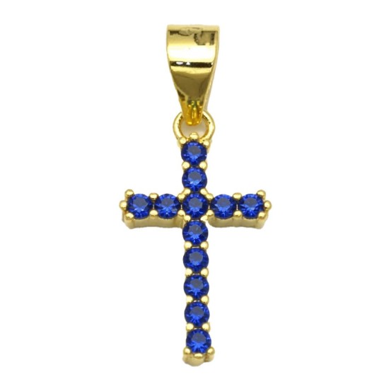 925 Sterling Silver 14K Gold Plated Blue CZ Cross Pendant