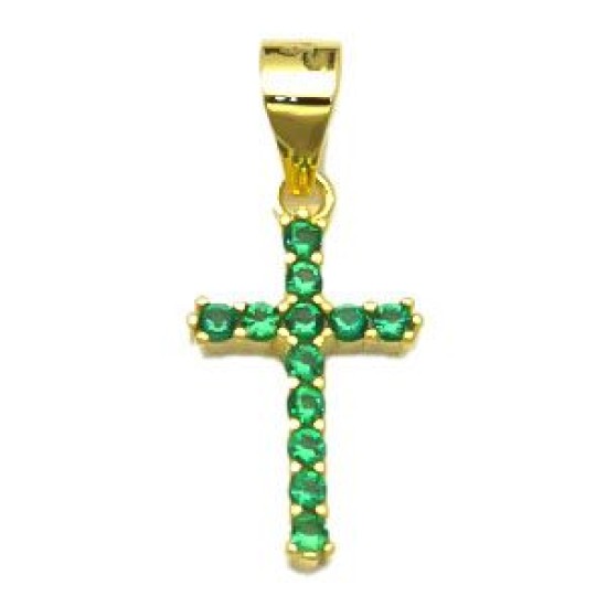 925 Sterling Silver 14K Gold Plated Green CZ Cross Pendant