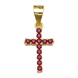 925 Sterling Silver 14K Gold Plated Red CZ Cross Pendant