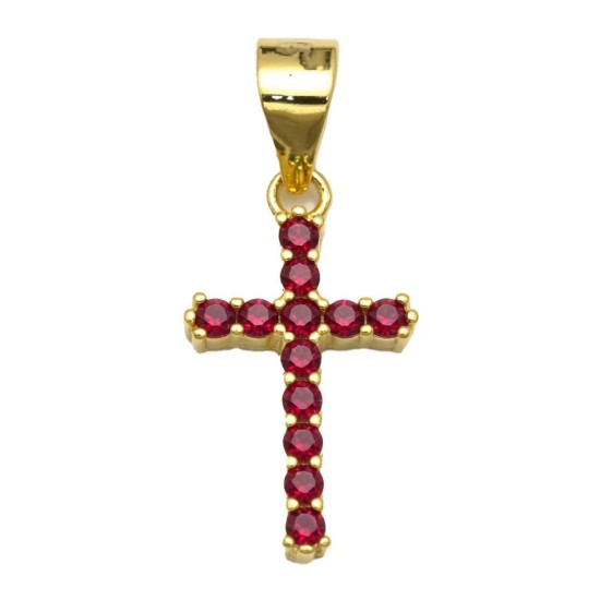 925 Sterling Silver 14K Gold Plated Red CZ Cross Pendant