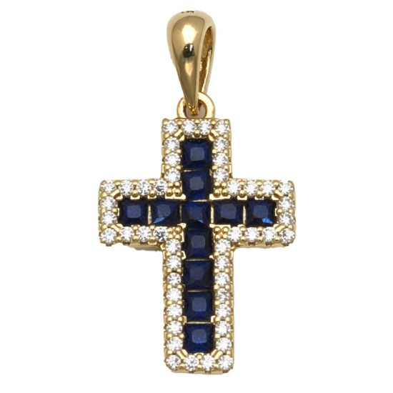 925 Sterling Silver 14K Gold Plated Blue CZ Cross Pendant