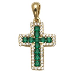 925 Sterling Silver 14K Gold Plated Green CZ Cross Pendant