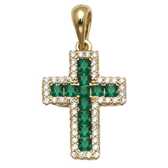 925 Sterling Silver 14K Gold Plated Green CZ Cross Pendant