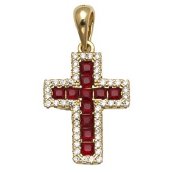 925 Sterling Silver 14K Gold Plated Red CZ Cross Pendant