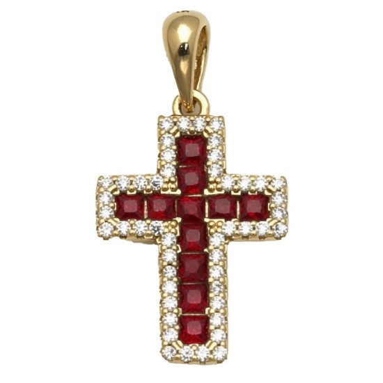 925 Sterling Silver 14K Gold Plated Red CZ Cross Pendant
