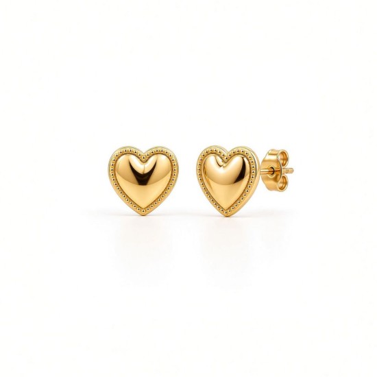 9ct Yellow Gold Polished Heart Stud Earrings With Beaded Edge