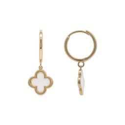 9ct Yellow Gold White Enamel Quatrefoil Drop Hinged Hoop Earrings