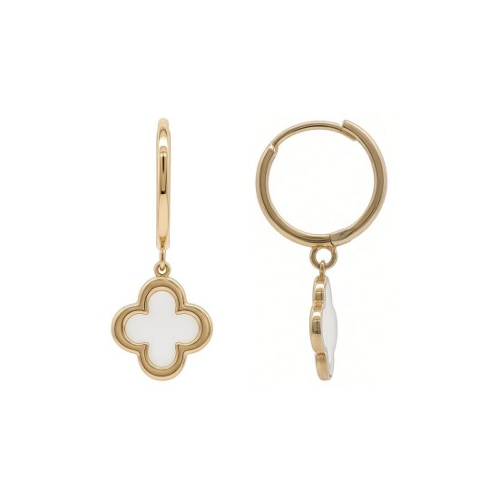 9ct Yellow Gold White Enamel Quatrefoil Drop Hinged Hoop Earrings
