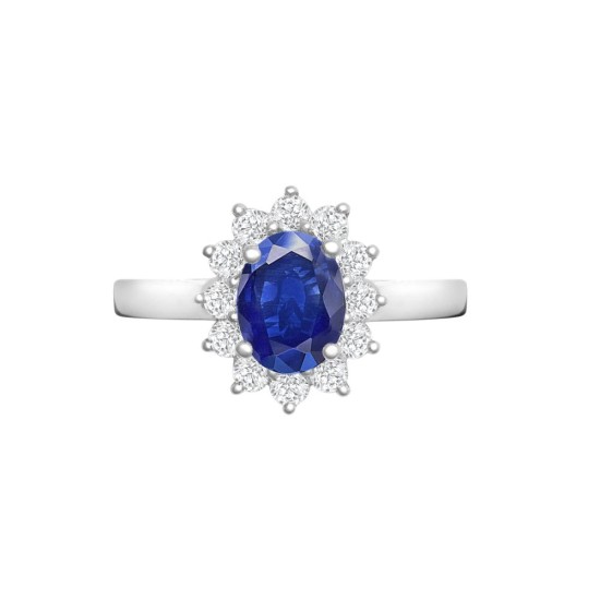 18ct White Gold 0.35ct Natural Diamond Claw-set Cluster Halo Oval Ring - Holds 7x5mm Sapphire 0.75cts