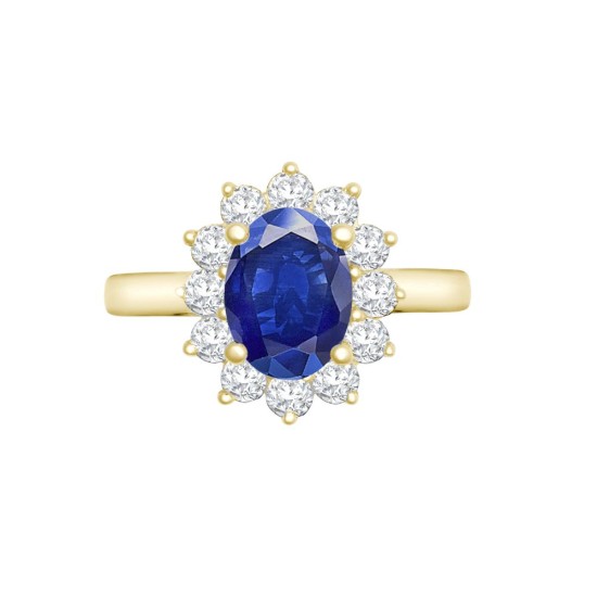 18ct Yellow Gold 0.62ct Natural Diamond Claw-set Cluster Halo Oval Ring - Holds 8x6mm Sapphire 1.25cts