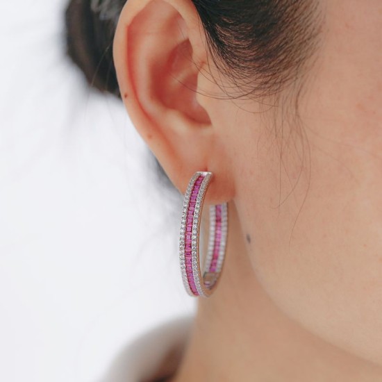 925 Silver Red & White CZ Set Hoop Earrings 18mm