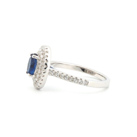 925 Silver Rhodium CZ Set Oval Cluster Sapphire Blue Centre