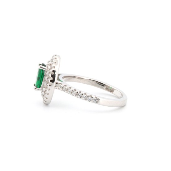 925 Silver Rhodium CZ Set Oval Cluster Emerald Green Centre