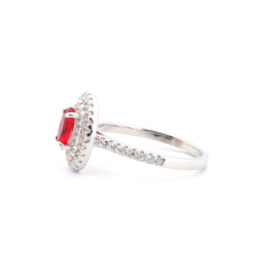 925 Silver Rhodium CZ Set Oval Cluster Ruby Red Centre
