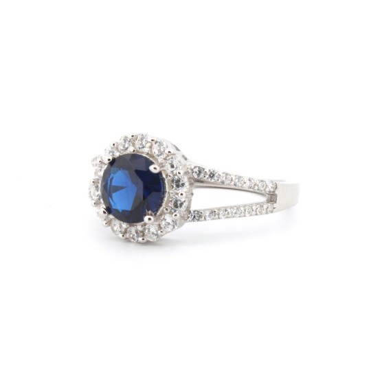 925 Silver Rhodium CZ Set Round Cluster Sapphire Blue Centre