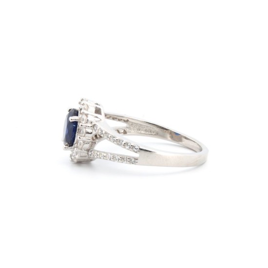 925 Silver Rhodium CZ Set Round Cluster Sapphire Blue Centre