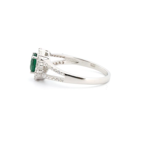 925 Silver Rhodium CZ Set Round Cluster Emerald Green Centre
