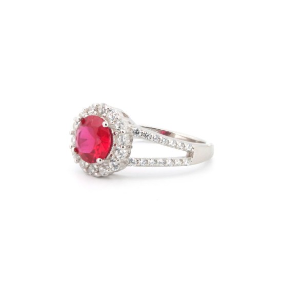 925 Silver Rhodium CZ Set Round Cluster Ruby Red Centre
