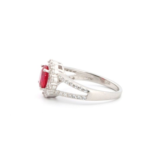 925 Silver Rhodium CZ Set Round Cluster Ruby Red Centre